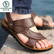 啄木鸟真皮凉鞋男夏季两用防滑大码外穿软底沙滩鞋高级中老年爸爸凉拖鞋 12129 棕色 37