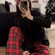 
S.SOFEA simple solid color pajamas for women in spring and autumn loose and comfortable home clothing set H897# Red Xiaoge 175 L