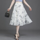 Waterside Clothes 2025 summer new floral skirt for women with small fresh short skirt with large swaying mesh printed A-line slim chiffon mid skirt 9906-5# One size (suggested 90-145Jin [Jin equals 0.5 kg])