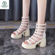 Woodpecker European Station Hollow High Heel Roman Shoes Women's 2025 Summer New Open-toe Waterproof Platform Rear Zipper Thick Heel Sandal Brown HS1389 34