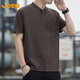 吉普（JEEP）短袖T恤男士莫代尔桑蚕丝凉感夏季休闲亨利领高端衣服男装 咖啡XL