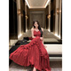 Pure sexy temperament V-neck design sense black ears big sling suspender dress long skirt women red dress L