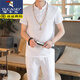 
Woodpecker (TUCANO) summer new cotton linen men's suit linen short-sleeved T-shirt casual half-sleeved Tang suit Hanfu T-shirt Chinese style clothing V 1303 khaki [short-sleeved + trousers] thin 2XL