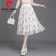 Pierre cardin 2025 summer new floral skirt for women with small fresh short skirt with large sway mesh printed A-line slim chiffon mid skirt 9906-8# One size (suggested 90-145Jin [Jin equals 0.5 kg])