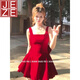 Jeze French Red Square Collar Sobe Robe pour femmes en été Nouveau style Niche jupe A-Line Temperament Jupe Robe rouge [Z Gente Style Sweet Fashion Vacation M