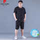 皮尔卡丹（pierre cardin）冰丝运动套装男夏季大码薄款男士速干五分裤胖子加肥加大宽松短袖 PZ829黑色 高质量冰丝套装 XL 建议130-140斤