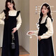 Robe des femmes enceinte printemps et automne français de style hepburn grande taille en vrac faux jupe tricotée en automne et hiver haut de gamme, faux jeu de deux pièces xxl