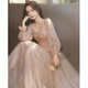 Chuangjingyi selects winter adult ceremony skirt evening dress for women 2025 new spring long-sleeved lady banquet temperament niche host strap long style_608 khaki XS