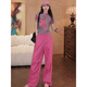 Tachimis Touch Miss Trendy Modeanzug für Frauen 2025 Frühlings- und Sommer-neuer Stil Slim Contrasting Color Casual Zweiköpfige zweiköpfige langärmlige Top + Pink Hosen S [Gewicht 80-100 Jin [Jin entspricht 0,5 kg]]