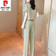 皮尔卡丹（pierre cardin）时尚套装女夏季2025新款洋气显瘦御姐圆领短袖衬衫直筒裤两件套女 12608-绿色套装 2XL 【建议125-140斤】