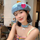 爱心牛仔贝雷帽女春夏季韩版显脸小百搭蓓蕾画家帽日系大头围帽子 牛仔C标-中蓝色