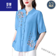 罗蒙（ROMON）夏季中袖棉麻上衣女新款国风刺绣女士衬衫妈妈装宽松亚麻小衫 高档品牌粉色-694+女装十大品牌 M 【约108斤内】