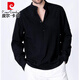 Pierre Cardin Spring and Summer New Henley Shirt Long Sleeve Men's Solid Color Cotton Beach Shirt Casual New Chinese Style Shirt Navy S