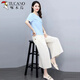 Woodpecker Fashion Cotton and Lines Set Women's Short Sleeve Fashion Spring Clothing New Temperament Slimming Loose Line Wide Legs Two-piece Set Trendy Light Pink Clothes + Apricot Pants Thin M [Suggest weight 95-105 Jin [Jin equals 0.5 kg]]