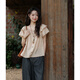 
Mystery Korean black ear plaid shirt for women 2025 summer new Korean version summer lotus leaf sleeve loose top for women honey orange top S
