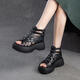 KUXA 2025 summer new style hand-woven fish mouth sandals heightened Rome breathable retro women's shoes dark brown 37