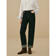 Inman Original Color Velvet Straight Jeans 2025 Winter Women's New Cuffed High Waist Trousers Dark Denim Blue 27