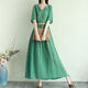 Hengyuanxiang retro literary solid color splicing dress for women 2025 summer large size loose slim lace waist long skirt Green XL [130-145Jin[Jin equals 0.5 kg]]