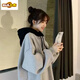 First-diameter gray hooded thickened sweatshirt new 2025 autumn and winter European goods oversize loose lazy mid-length jacket 13886 black sweatshirt S