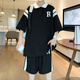 Boledi Teenager Polo-Shirt kurzärmelig T-Shirt 12-15-jährige Jungen Sportanzug 16 Schüler der Junior High School Summer Anzug 6629 Schwarz (Kurzärmel + Shorts) hohe Qualität 165 l (100-125jin [Jin entspricht ca. 0,5 kg]))
