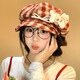 QUEEN TRIP Cute Kitten Bow Plaid Beret Women's Face Revealing Small Flap Octagon Hat Big Head Newsboy Painter Hat Red-Kitten Bow Plaid Beret