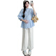 Ran Qiqi pregnant women's autumn suit lazy style 2025 new pure cotton long-sleeved shirt top wide-leg pants small fragrant style two-piece set white shirt + navy blue pants (set) L