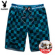 Playboy pure cotton shorts men's summer loose five-point pants Korean style sports and casual cotton men's beach pants big shorts large size khaki plaid 688 XL 112-125Jin [Jin equals 0.5 kg]