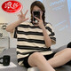 Langsha Striped Pyjamas für Frauen im Sommer kurzärmelig neuer dünner Stil Plus Größe und Fettanzug Loose Fett MM kann außerhalb von Heimkleidung getragen werden.