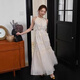 Tina Misu 2025 summer A-line version princess sleeveless suspender skirt vacation style spliced ​​long dress 9901# beige white, single size