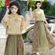 Pier Cardin summer new Chinese style oriental classical Chinese style jacquard slanted slanting temperament stand collar button top spliced ​​skirt suit 1043 green + 12161 brown L