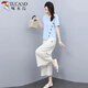 Woodpecker Fashion Cotton and Lines Set Women's Short Sleeve Fashion Spring Clothing New Temperament Slimming Loose Line Wide Legs Two-piece Set Trendy Light Pink Clothes + Apricot Pants Thin M [Suggest weight 95-105 Jin [Jin equals 0.5 kg]]
