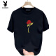 花花公子（PLAYBOY）情侣短袖T恤潮牌印花纯棉宽松百搭夏装 黑色【前大图K1049 单朵红玫瑰花 S 建议90-100斤
