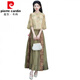 Pier Cardin summer new Chinese style oriental classical Chinese style jacquard slanted slanting temperament stand collar button top spliced ​​skirt suit 1043 green + 12161 brown L