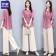 ROMON Cotton Line Suit Women's 2025 Summer New Loose Casual Fashion Large-Size Wide Leg Pants Line Dropping Two-Piece Set Light Bean Green Top + Rice Apricot Pants L (110-125)