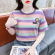 冉艺岚同款条纹短袖t恤女宽松韩版女装2025年夏季新款百搭体恤圆领半袖 红色 9928 S 建议80-95斤