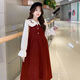 Maternity dress spring and autumn new design sense maternity wear loose doll collar shirt + vest sweet age-reducing trend red two-piece set L