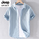 JEEP SPIRIT men's cotton linen lapel short-sleeved T-shirt loose shirt collar tops with neckline T-shirt linen summer clothes yunyi-9711 blue dark color. M