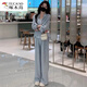 啄木鸟（TUCANO）冰丝透气休闲套装女夏季2025新款时尚洋气显瘦防晒中袖衬衫阔腿裤 灰色(两件套) S (建议80-100斤)