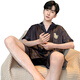 Yalu men's pajamas summer ice silk short-sleeved pants solid color black summer thin boys simulated silk home clothing set 12532 [Yunduo cotton crepe style] XL Recommended height 175 and weight 130-150