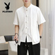 Playboy (Playboy) Traje de camiseta de manga corta de estilo chino para hombres falsos de dos piezas de dos piezas a cuadros a cuadros Lino de algodón de algodón de dos piezas One Set New Chinese Stand-up Collar T 9887 White [superior + pantalones] Manga larga M 110Jin [Jin equivale a 0.5 kg]