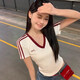 Camiseta de algodón de algodón de algodón de algodón corto de cuello en V caliente americano para mujeres en el estilo deportivo de verano delgado de contraste corto para mujeres 1047 Black Black M [sugerido 90-100 Jin [Jin iguala 0.5 kg]]]