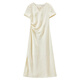 Shangdubila Jean Fowl Heart Neck Estilo nacional Vestido de manga corta para mujeres Textura de verano Patrón oscuro Jacquard Slit Falda Temperamento de longitud media