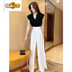 Chujing 2025 Nuevo traje de verano Internet Celebridades de reducción de edad de la edad Top calzada plisada de patas anchas Falda de dos piezas Set para mujeres pantalones de pierna ancha de velcro (estilo de verano) S 85-100Jin [Jin equivale a 0.5 kg] altura de pantalones por encima de 160 por encima de 160