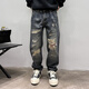 Meiyao Frühling und Herbst Amerikanische Freizeit und gutaussehende Graffiti-gedruckte Retro-Jeans-Männer gerade losen losen Weitbeindaddad Hose, Deep Khaki Farbe 9227 Loose Straight 38 185-200jin [Jin gleich 0,5 kg]