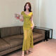 Jinggong Foot Foot Technician Work Clothes Sexy Foot Massage Foot Bath Work Clothes Flexible Massage Spa Long Skirt Mesh Slit Dress 9276# Green L