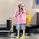 MOKITOUL girls summer short-sleeved suit for girls, young children, summer casual T-shirt, shorts, children's summer denim mid-trousers two-piece set Pink T-(high-end gift box packaging) 120 cm