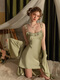 MOKITOUL sexy pajamas for women Spring and Autumn Ice Silk 2025 new style with chest pad set suspender nightgown pure summer mustard green J693# (sling skirt) M size equal size