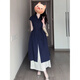 Cotton French style dress for women in summer 2025 new fashion this year's popular style layered seaside vacation style long skirt Navy blue XL 60/65kg