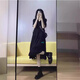 Harudi Hepburn style black French V-neck dress for women 2025 summer new style versatile loose trendy long skirt for women Black M (95-110Jin[Jin equals 0.5 kg])