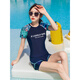 Women's Swimwear Summer Large Size Conservative Split Two-piece Set with Breast Pad Splicing Student Sports Hot Spring Swimwear Navy + Swimming Goggles + Nose Clip Earplugs M_Recommended 75-95Jin Jin equals 0.5kg